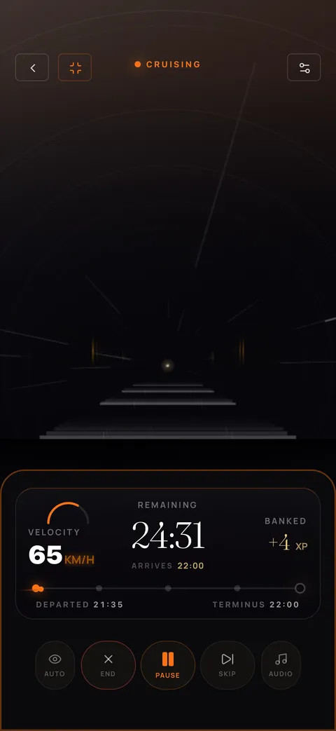 A focus session in progress at night: the velocity dial reads 65 km/h with 24:31 remaining, the tunnel view ahead.